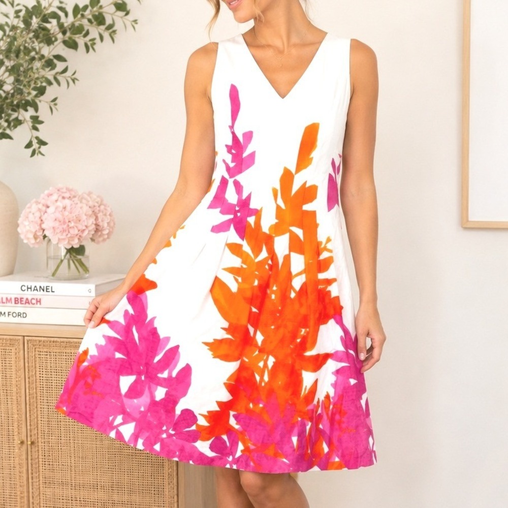Jones New York Dress 12 White Pink‎ Orange Floral Sleeveless Fit Flare V-Neck